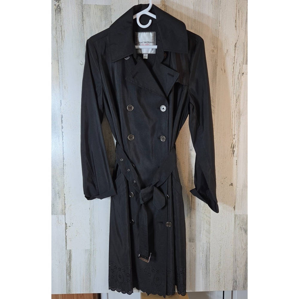 Issac Mizrahi Black Laser Cut Eyelet Hem Double Breasted Trench Coat Women Large